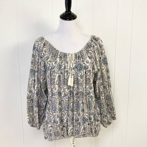 Denim Supply Ralph Lauren Boho Blue Floral Peasant Blouse Top Size Large